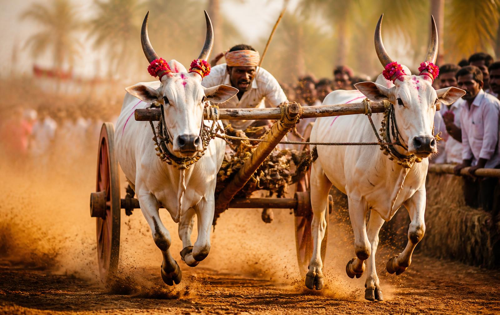 Decorated bullocks pulling a Rekla cart at full speed on a dusty village track